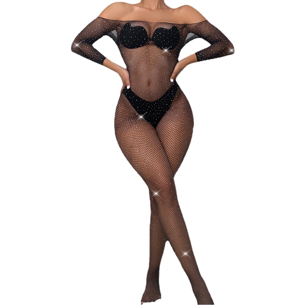 Spot Black Sexy Hot Diamond One-Piece Tight Net Clothing European and American Young Women Cut Out Strap Sexy Suit Temptation