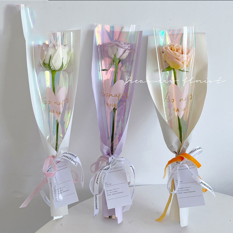 Chinese Valentine's Day Teacher's Day Flower Packaging Symphony Transparent Single Bag Rainbow Waterproof Bouquet Bag Flower Paper Flowers
