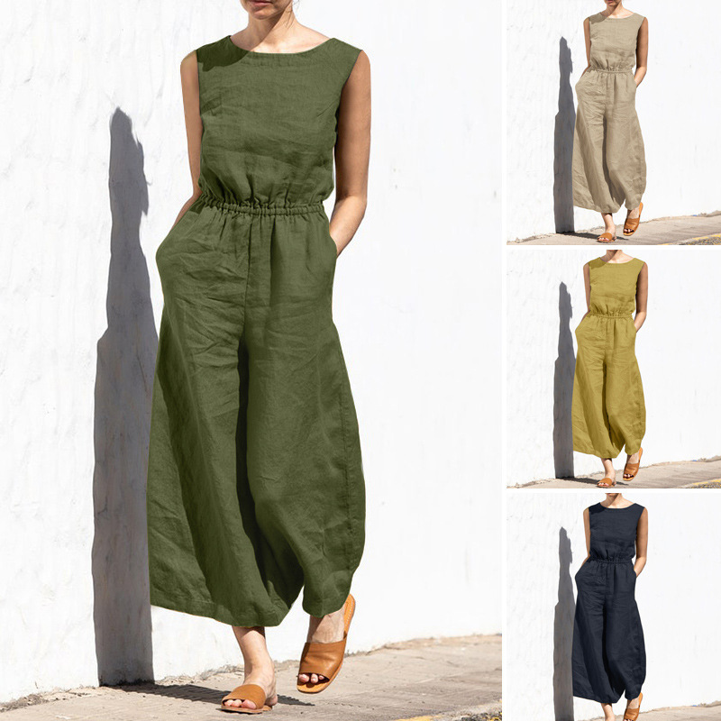 2025 Cross-Border European and American Summer Solid Color High-Waisted Sleeveless Long Pants Women's Casual Loose Jumpsuit European and American Style