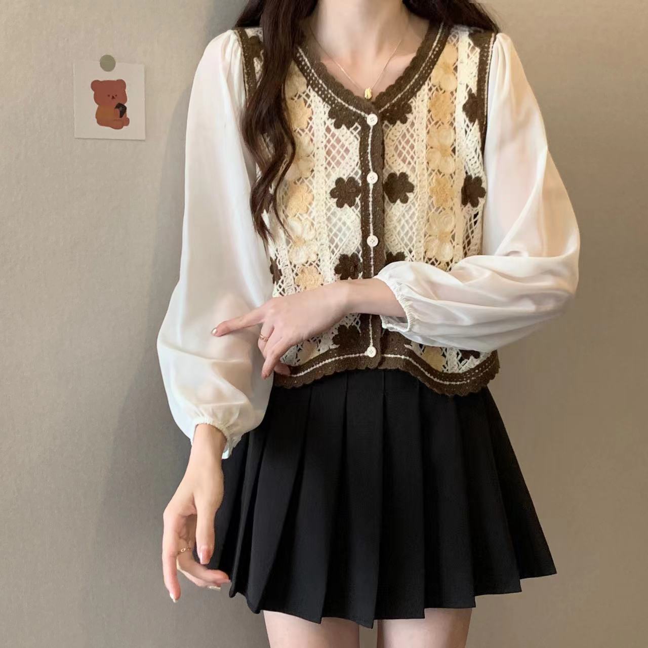 Picture of Spring poem ~ plus size retro Korean style personalized three-dimensional hollow-out knitted chiffon long-sleeved shirt for women