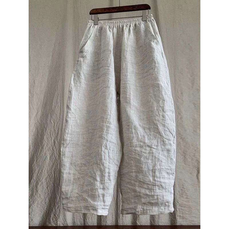 Commuter women's spring and summer new plus size Zen retro cotton linen wide-leg pants slacks solid color cotton linen cropped pants women