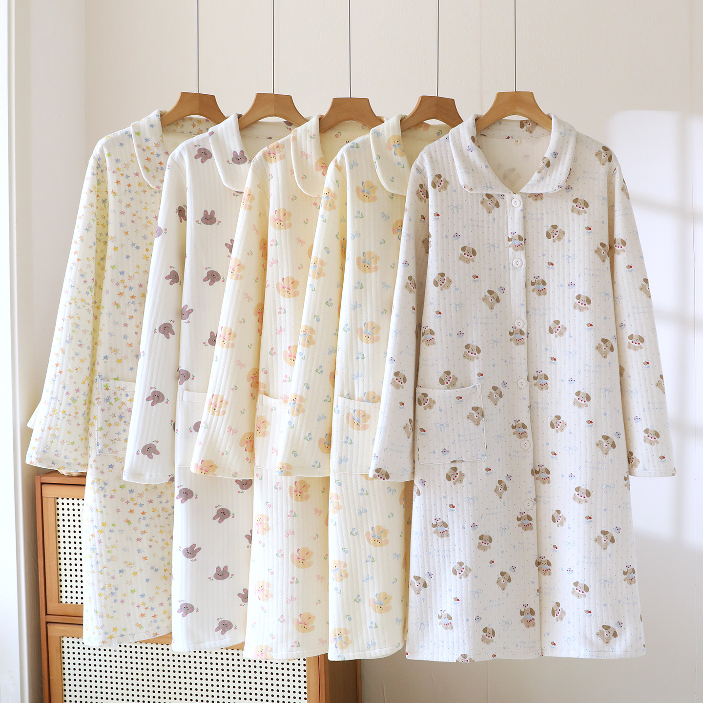 Women's air layer home nightdress, small lapel nightgown, loungewear