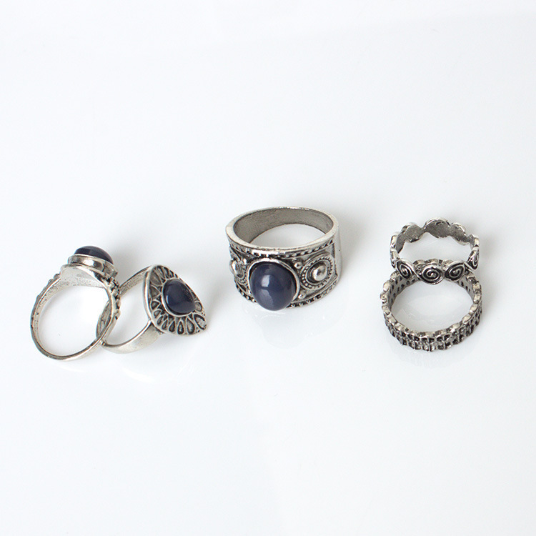 Bohemian wave sapphire suit ring ethnic style auspicious cloud circle five-piece ring set