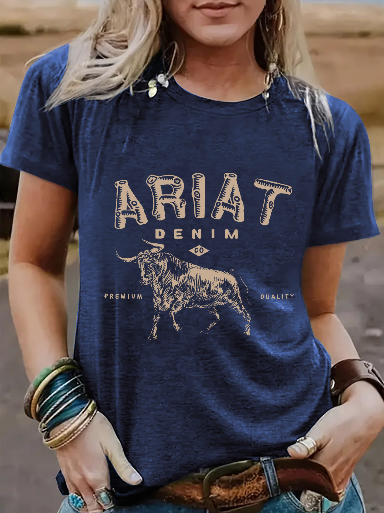 Amazon European and American summer women's ARIAT pattern round neck short sleeve casual fashion foreign trade explosion T-shirt