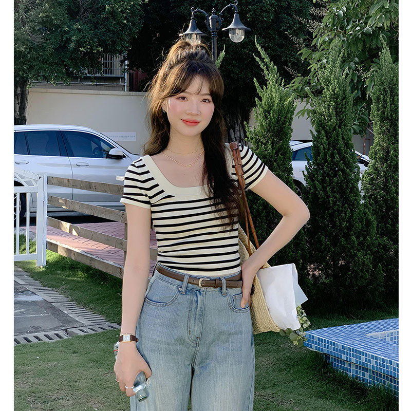 Women's square collar striped ice silk knitted T-shirt summer thin design sense niche chic unique short shoulder top