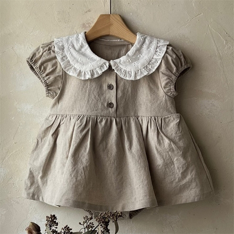 Picture of Ins Kidsren's New Summer Dress Baby Girl Korean Style Cute and Sweet Color-Blocked Collar Puff Sleeves Baggy Culottes