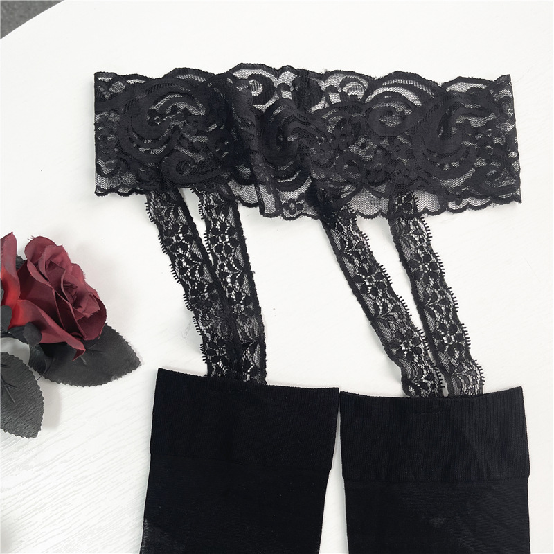 Picture of Komankang Cross-Strap Garter Stockings Sexy Ultra-Thin Black Silk Lace Anti-Snag Pantyhose Garter Stockings