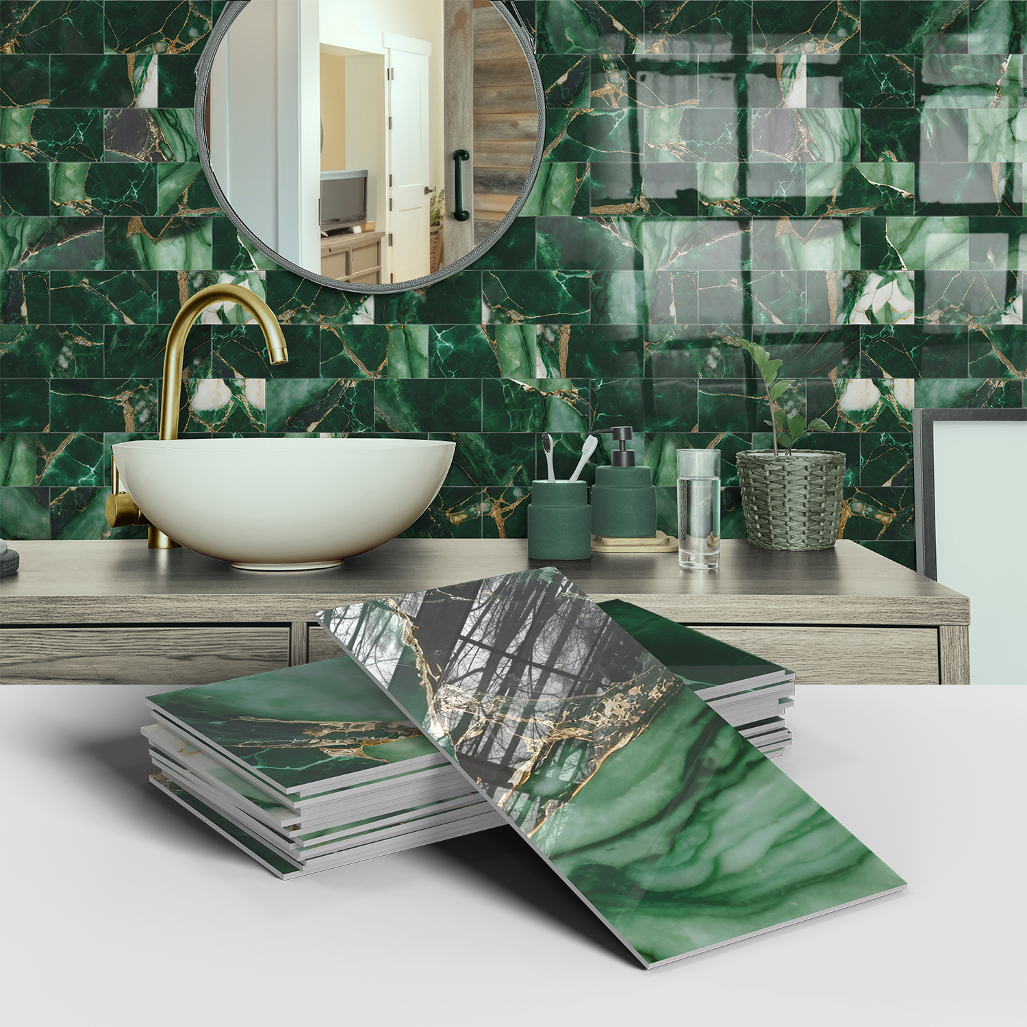 Picture of Crystal Marble Tile Wall Stickers Thickened PET Waterproof Self-adhesive Wallpaper for Kitchen Living Room Wall Decoration Cross Border