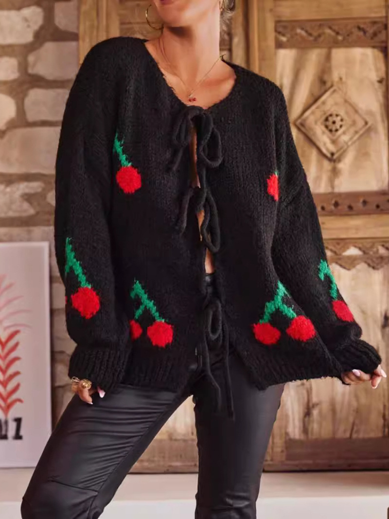 2025 Amazon Cross-Border Export European and American Outer Wear Pure Color Sweater Outwear Lace-Up Cherry Jacquard Knitted Cardigan for Women