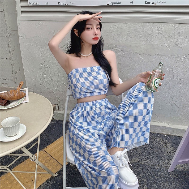 Plaid Set 2022 Summer New Set Slim-fit Short Tube Top Plaid Pleated Wide Leg Pants Two-piece Set