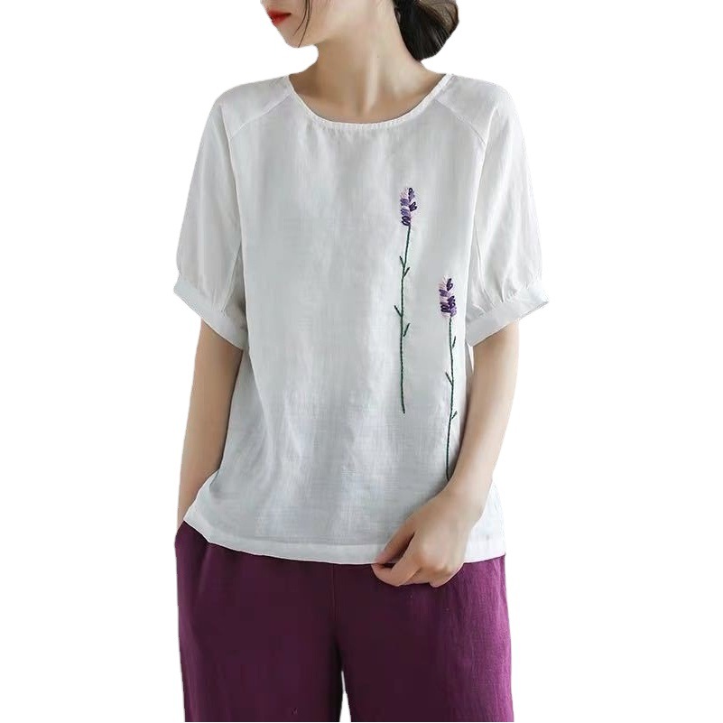 Artistic Vintage Flower Embroidered Cotton and Linen Round Neck Short-sleeved T-shirt Women's Summer New Arrival plus size Loose All-match Top Women's