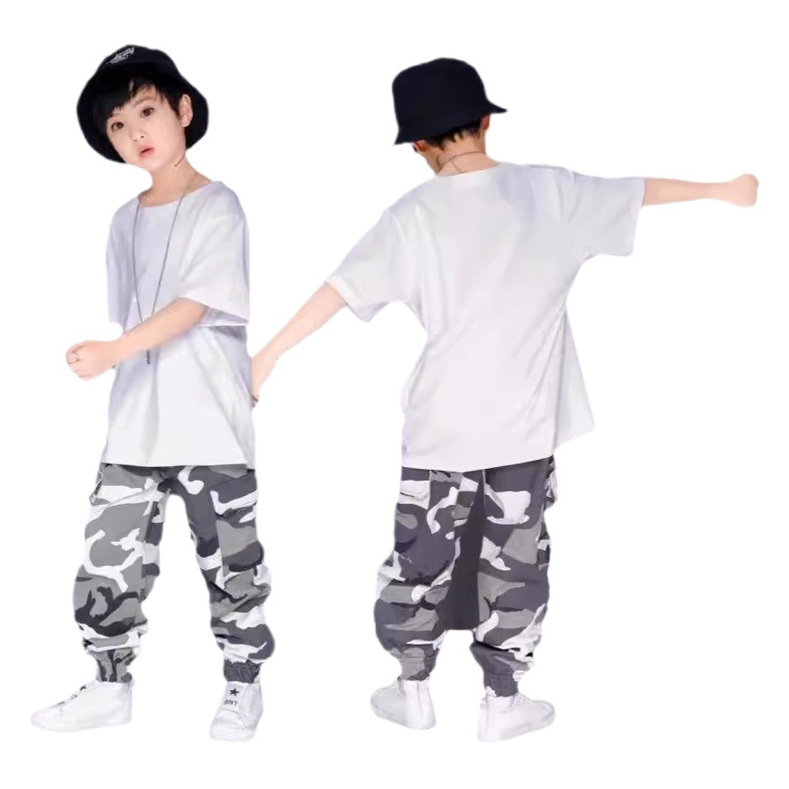 Summer Children's Hip-Hop Suit Boys Pure Cotton Loose Hip-Hop Suit Girls Jazz Dance Performance Costume Camouflage Pants Trendy