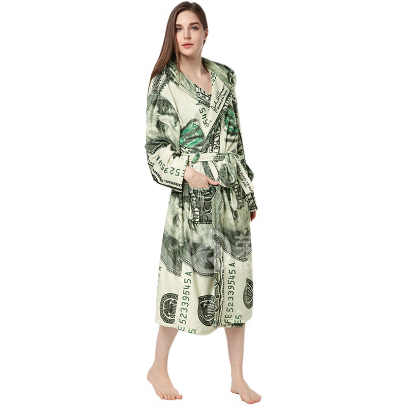 Cross-border European and American New US Dollar Printed Nightgown Couples Hooded Nightgown Flannel Bathrobe Personalized Nightgown