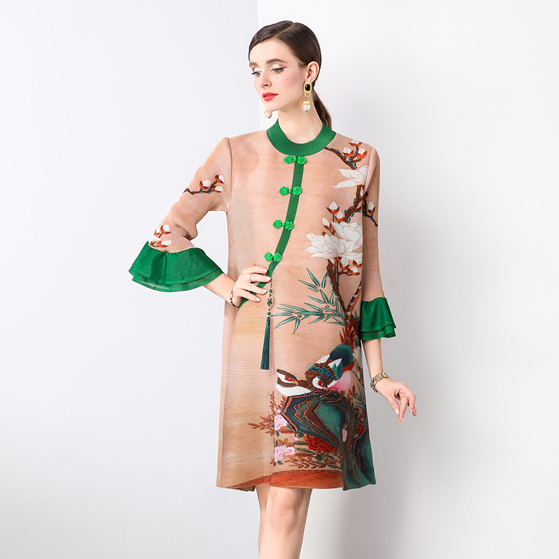 New Chinese Style dress Autumn Dress 2024 New National Style Buckle Printed Dress Western Style Middle-aged Mother's Wedding Dress