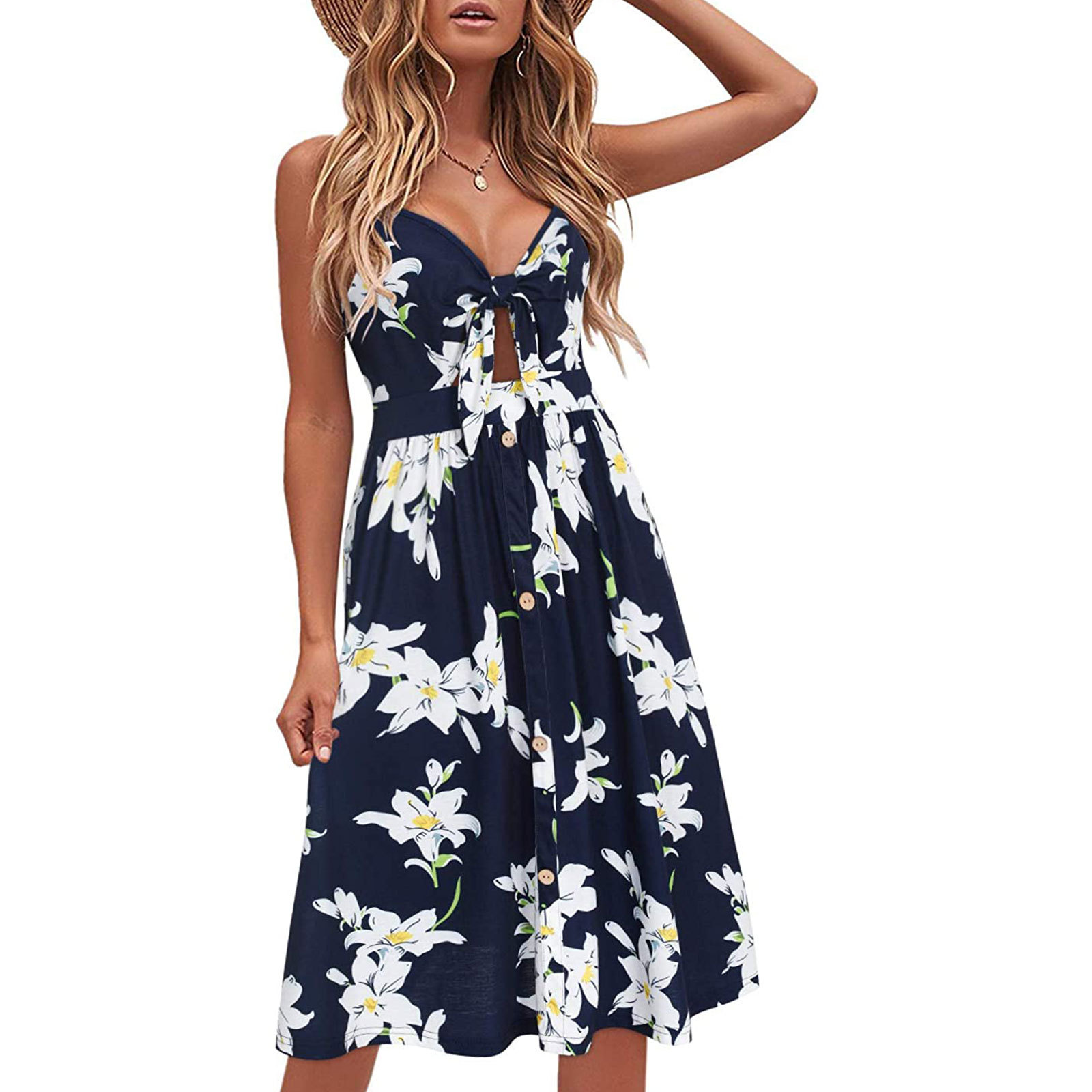 European and American Amazon Summer Sling Printed Dress Cross-border Low-cut Sexy Sleeveless Dress Large Swing Dress for Women