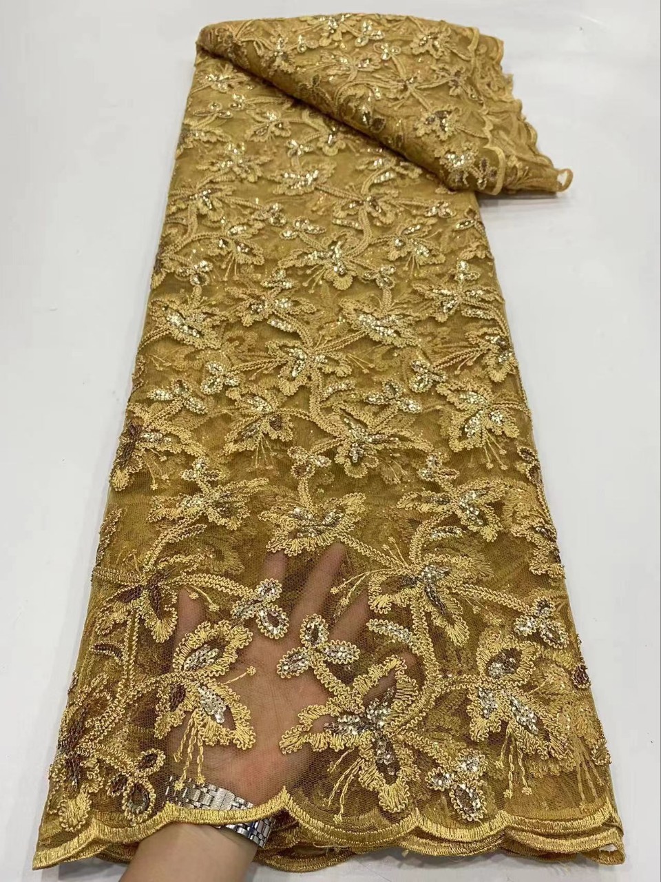 Picture of Summer Hanfu Plant Flower Dress Embroidered Cloth Double Rope Sequin Lace Fabric African Garment Lace JX2296