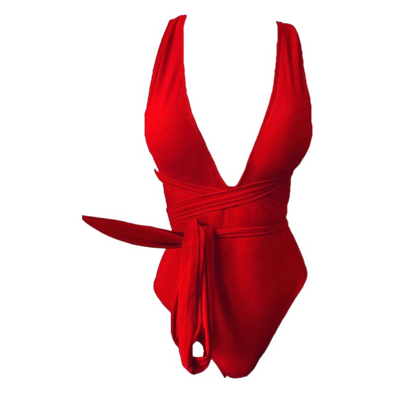 2022 new European and American swimsuit cross-border swimsuit women's one-piece solid color lace-up sexy deep V backless one-piece swimsuit