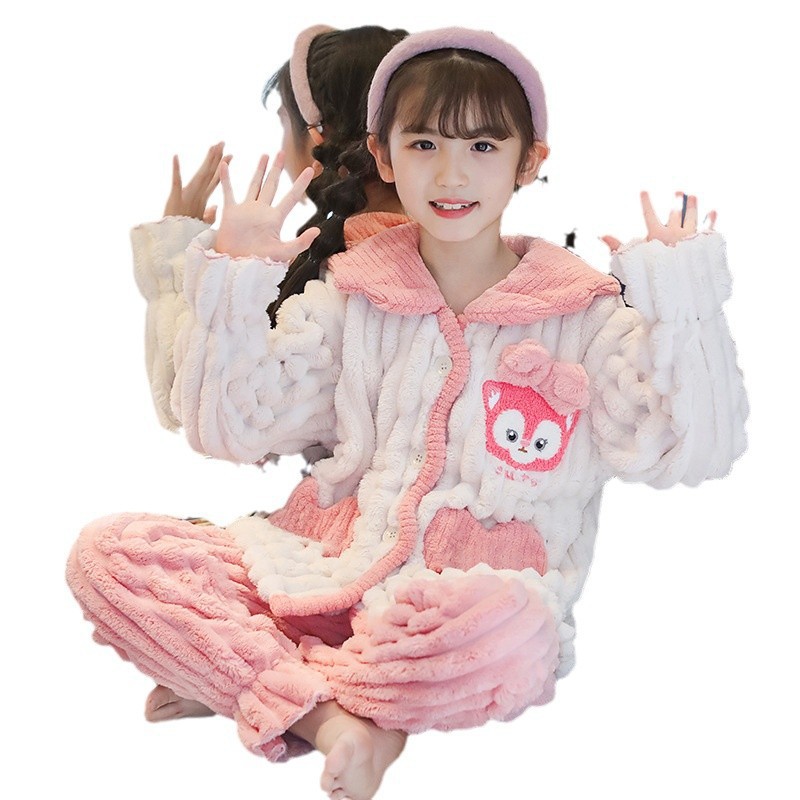 Picture of Children's Pajamas Flannel Autumn and Winter Girls' Coral Fleece Thickened Warm Style Middle and Large Children's Girls' Home Clothes suit