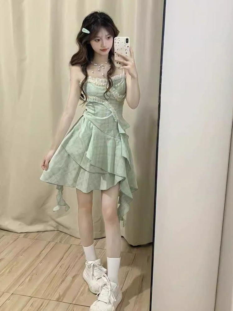 Sweet Spice Girl Ruffled Sling dress Fairy Summer Floral Dress Irregular Elegant Seaside Beach Long Dress