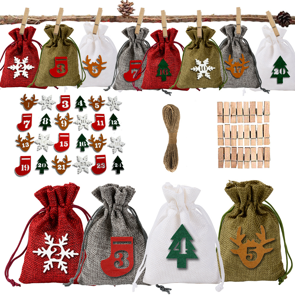Christmas 4 Color Linen Gift Bag Set Countdown Advent Calendar Decorative Bag Candy Linen Packing Bag Spot