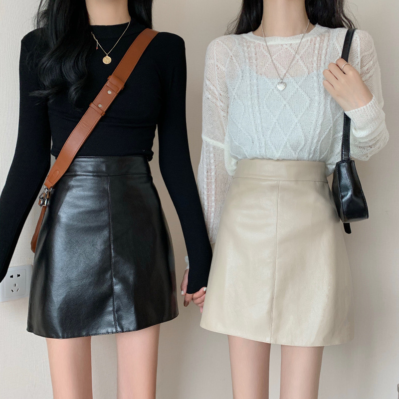 2023 Solid Color Small Leather Skirt High Waist PU Leather Skirt Women's Summer plus size Slim A- line Skirt Belly Covering Hip Skirt