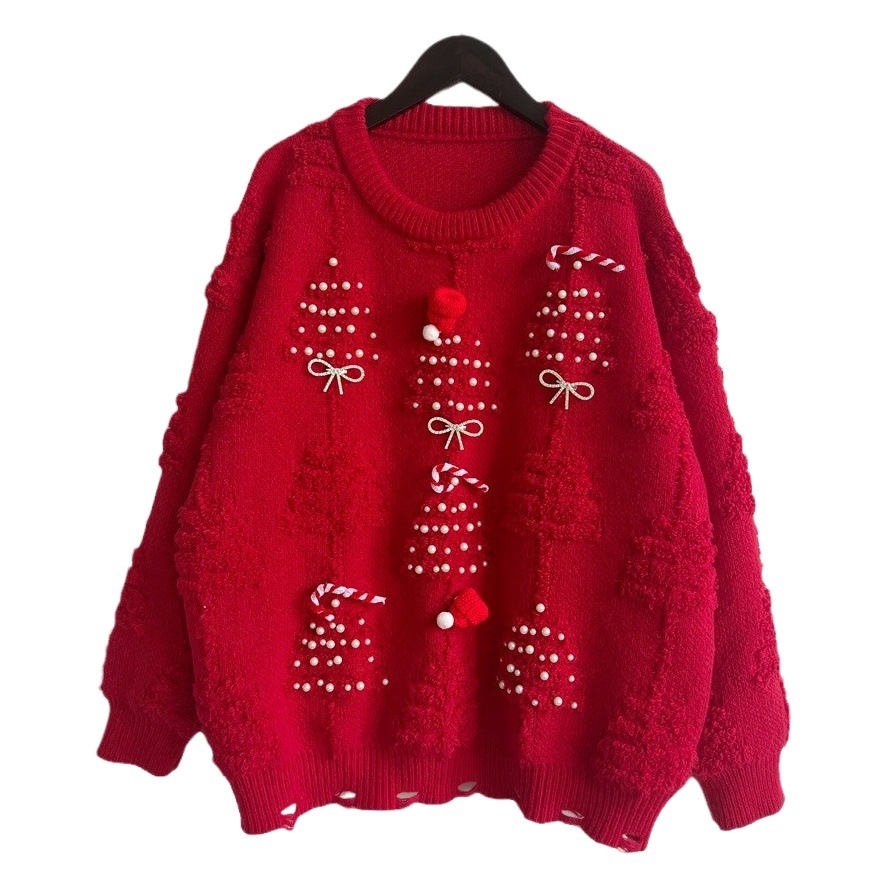 Picture of European and American cross-border Amazon Handmade Pearl Christmas theme sweater three-dimensional decoration New Year holiday sweater pullover