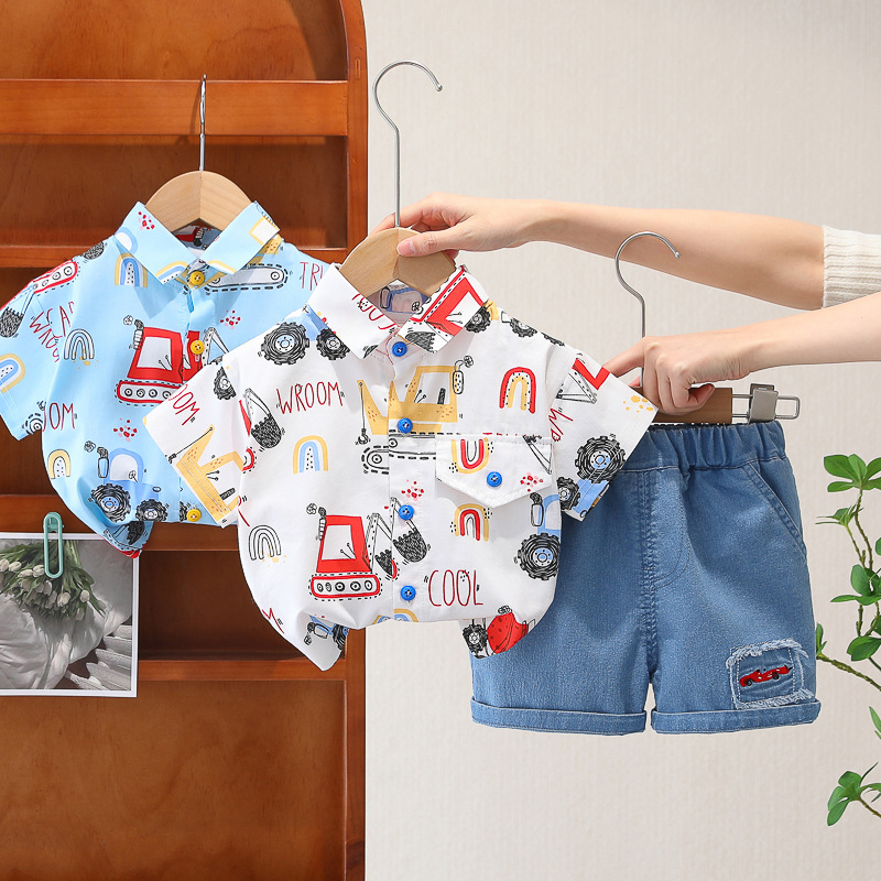 Summer new boys full print digging machine shirt short sleeve suit foreign trade male baby full print short sleeve two-piece direct sales