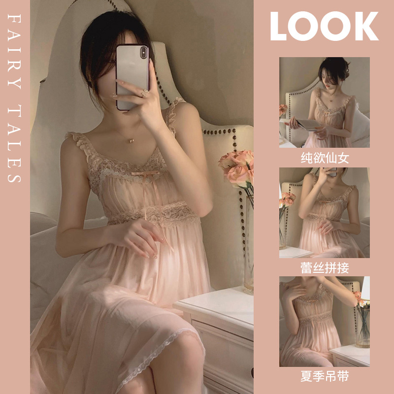 Spring and summer sexy sweet girl nightgown off-shoulder pure suspender skirt princess style pajamas soft outerwear wholesale