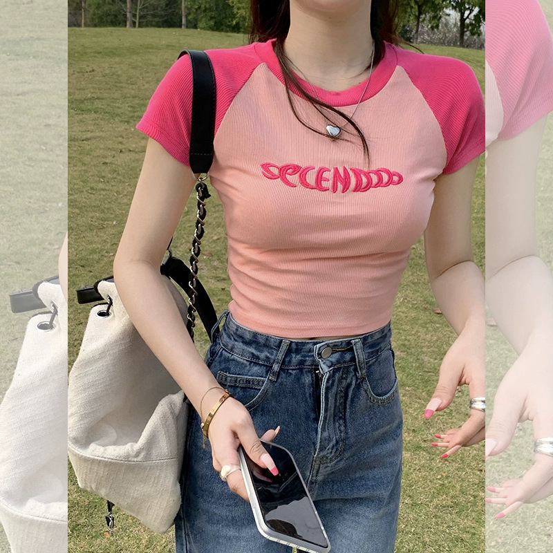 Pink Shoulder T-shirt Women's Short-sleeved Contrast Color 2023 Summer New T-shirt Slim-fit Slimming Short Tight Top Trendy