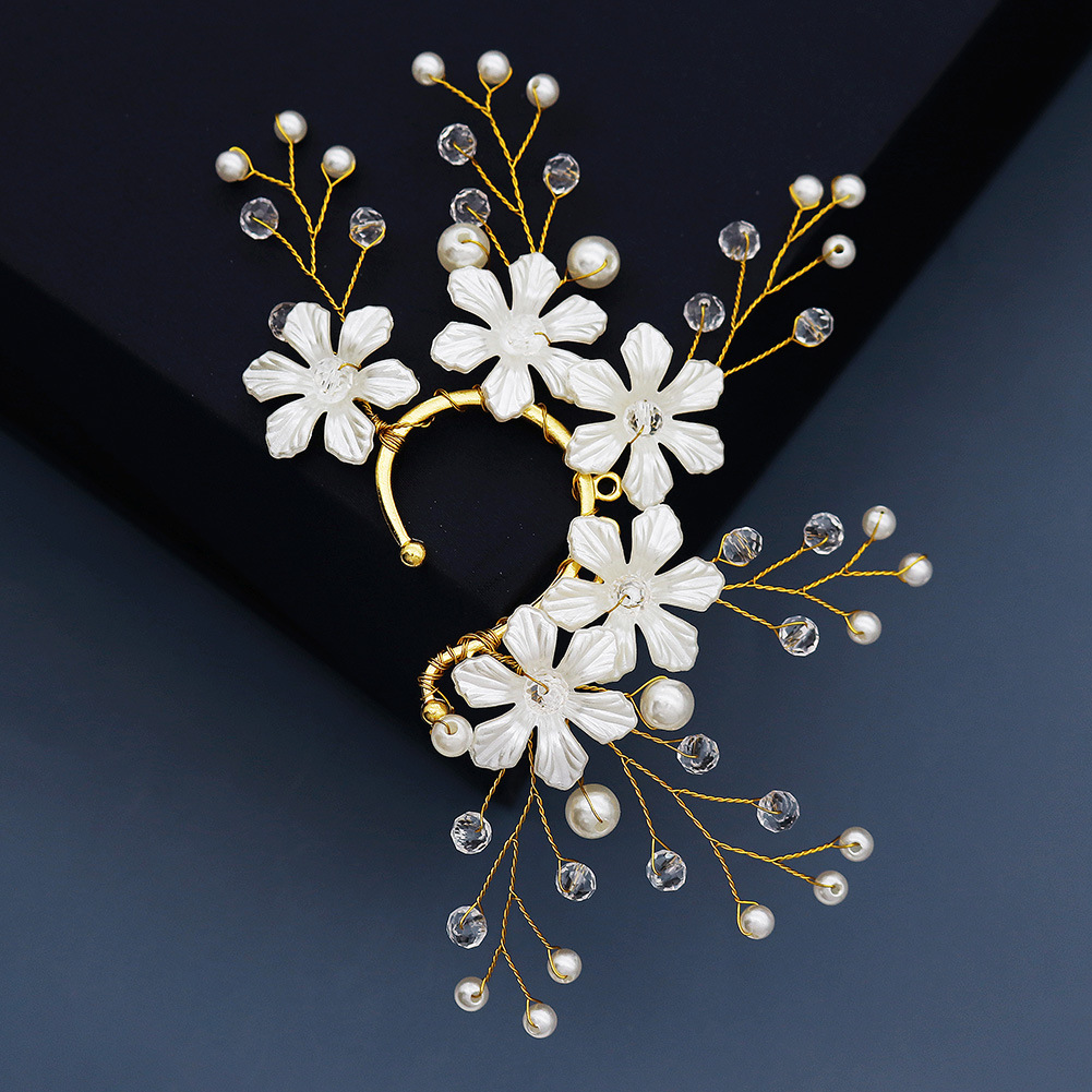 Picture of Korean Super Fairy Bride Earrings Mori Flower Ear Bone Clip Design Temperament Ear Hanging Handmade Pearl Rhinestone Ear Hanging