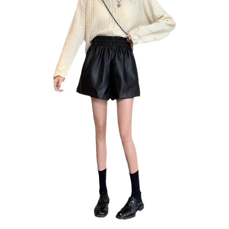 plus size chubby girl High Waist Leather Shorts Women's Spring and Autumn 2024 Black A- word Wide Leg PU Leather Pants
