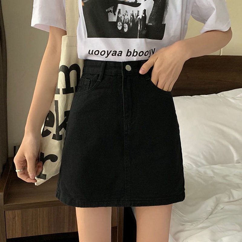 Solid Color A- Line Skirt Women's Summer 2022 New Student High Waist Denim Skirt Casual Slimming Hip Short Skirt