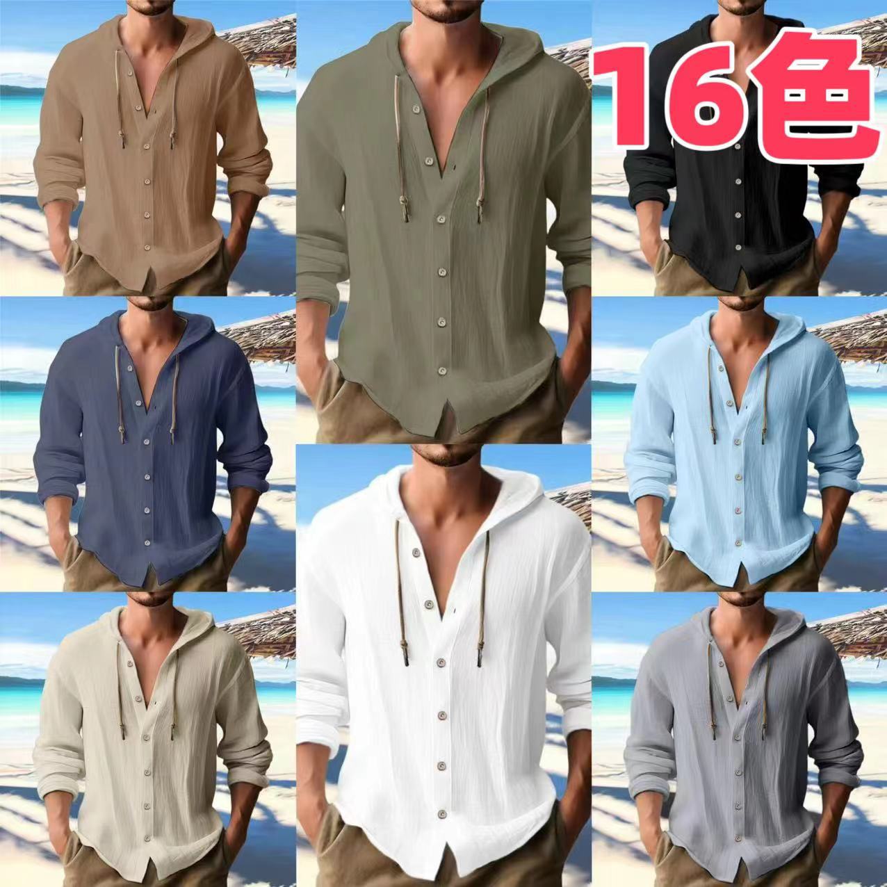 Cross-border Men's Sports Casual Long Sleeve Shirt Cotton Linen Hooded Fashion Sweatshirt Trendy All-match Loose Beach T-shirt