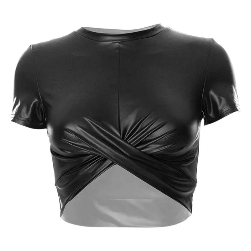 2025 European and American Style Tight T-Shirt Spring and Summer New Glossy Patent Leather Cross Short Top Amazon Sexy Exposed Navel Z