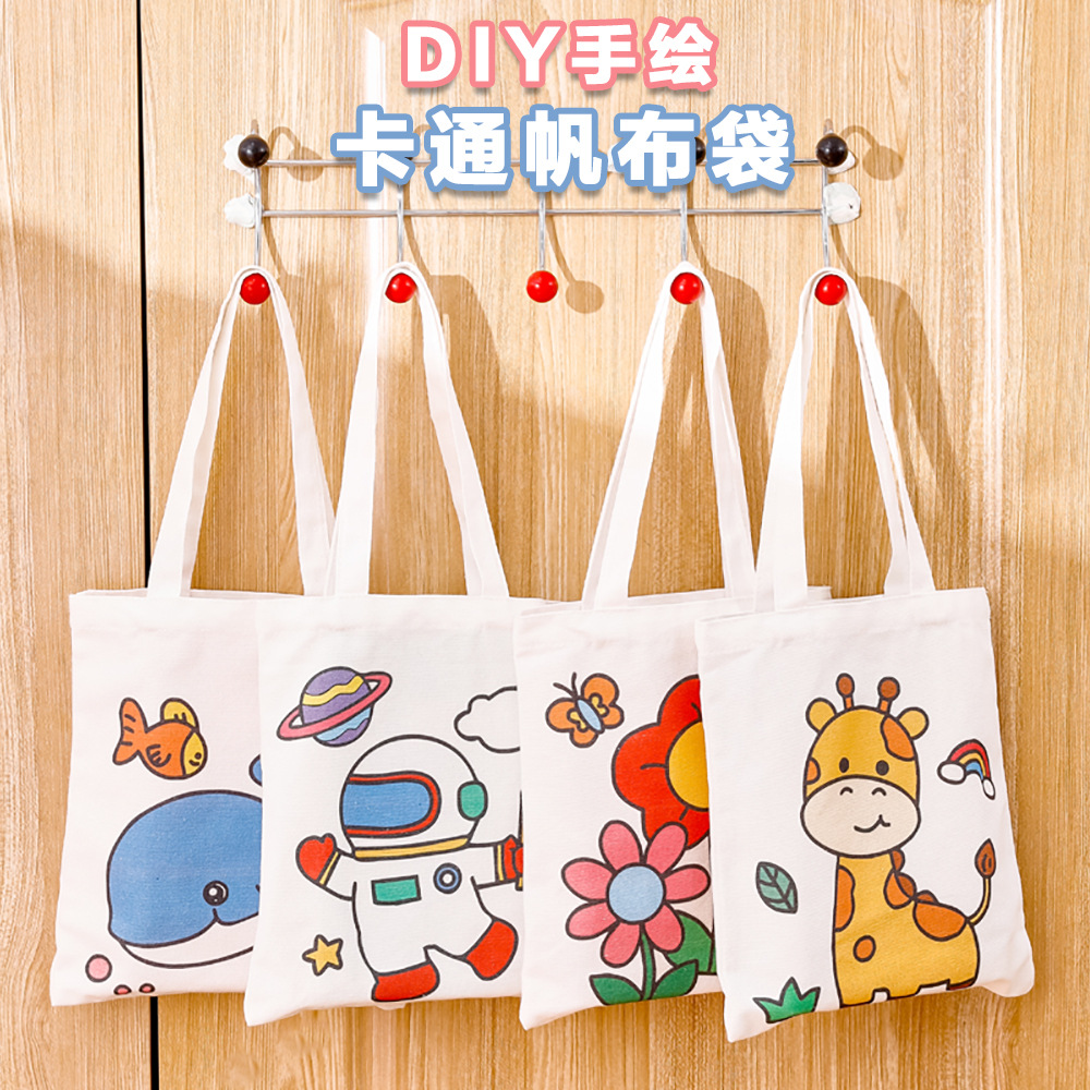 DIY Coloring Canvas Bag Student Handmade Graffiti Kidsren's Back-To-School Season Gift Packaging Bag Cartoon Painting Handbag