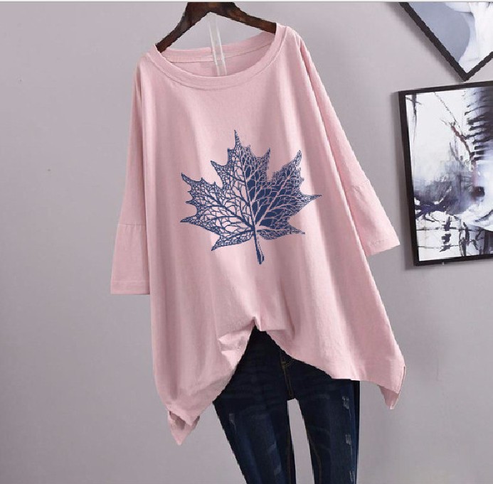 Picture of 100kg Plus Size Women's Summer Leaf Print Casual Slit Mid-Length Short Sleeve T-Shirt Loose Oversized Style