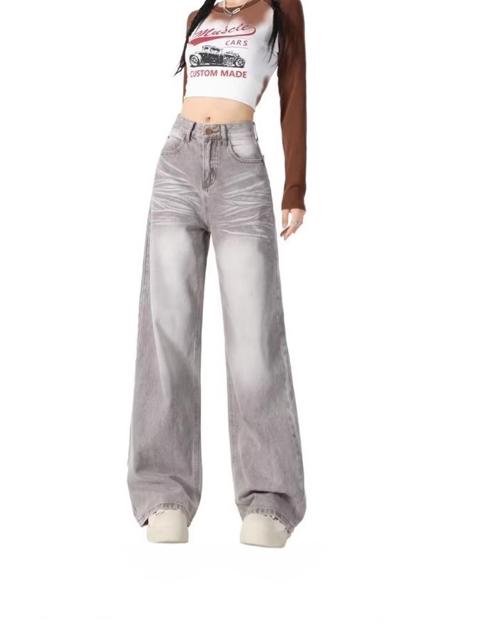 American Retro Harajuku Style Gray Jeans for Women Y2K High Street Casual Wide-Leg Floor-Length Pants Cross-Border Aliexpress