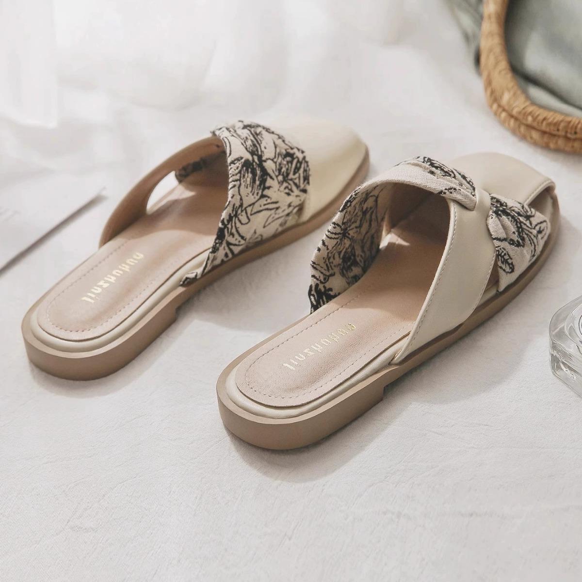 Sheepskin Version ~ Evening Breeze Gentle Heelless Lazy One-Step Flat French Style Baotou Half Slippers Women's Summer
