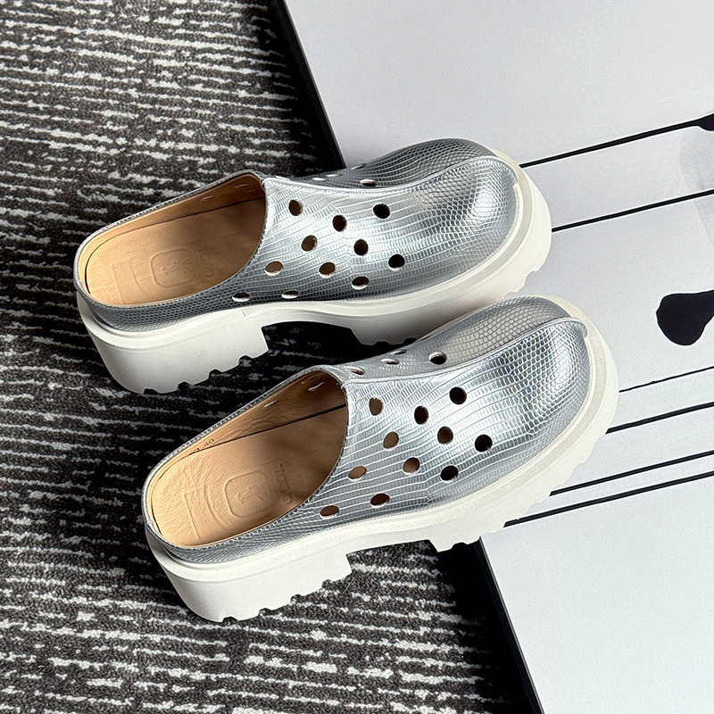 A generation of small silver lizard pattern hollow Baotou slippers men's high-end thick-soled Derby leather sandals