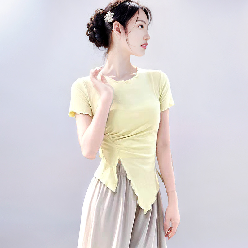 Modern Dance Practice Clothing Body Classical Dance Clothing Ear Edge Crewneck T-shirt Women's Top Summer Short-sleeved Split