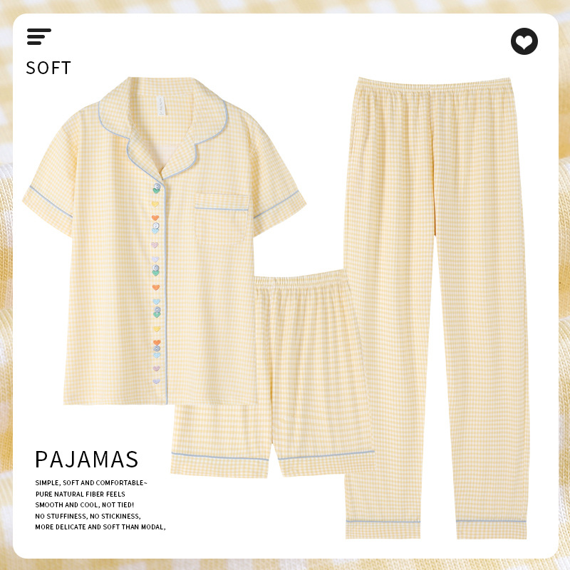 Dopamine Girl Summer Imitation Cotton Short-sleeved Pajamas Three-piece Pants Yellow Plaid Large Size Outfit