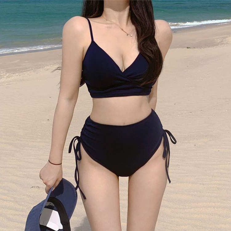 South Korea New Solid Color Bikini Sexy Slim-fit Cross-up High Waist Belly Covering Strap Waist Split Swimsuit for Women