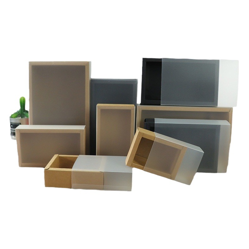in stock Kraft Paper Drawer Box Tea Packaging Box PVC Transparent Frosted Style Paper Box Folding Gift Box