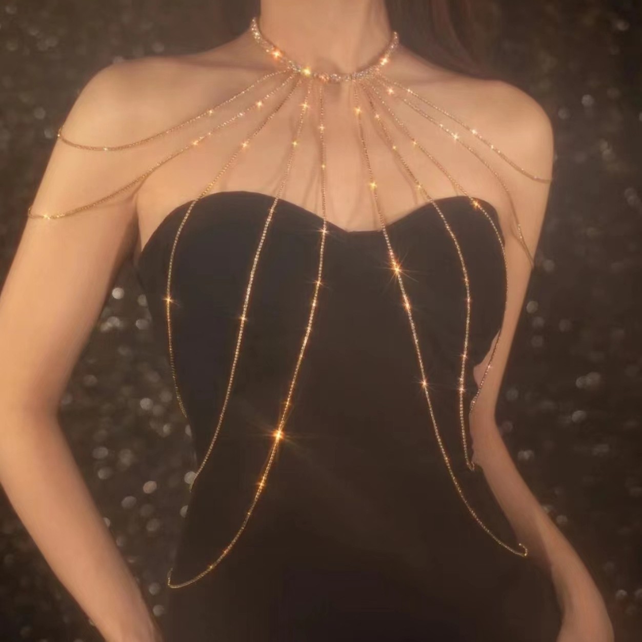 High-grade Full Diamond Tassel Chest Chain Accessories Women's Wedding Banquet Exquisite Flash Diamond Dress Decorative Shoulder Chain Body Chain
