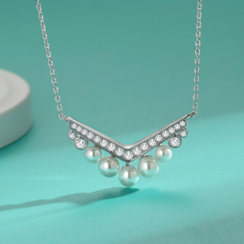 925 Sterling Silver Mosan Josephine Same Necklace Women Egret V Crown Pearl Light Luxury Cross-border One Piece Wholesale