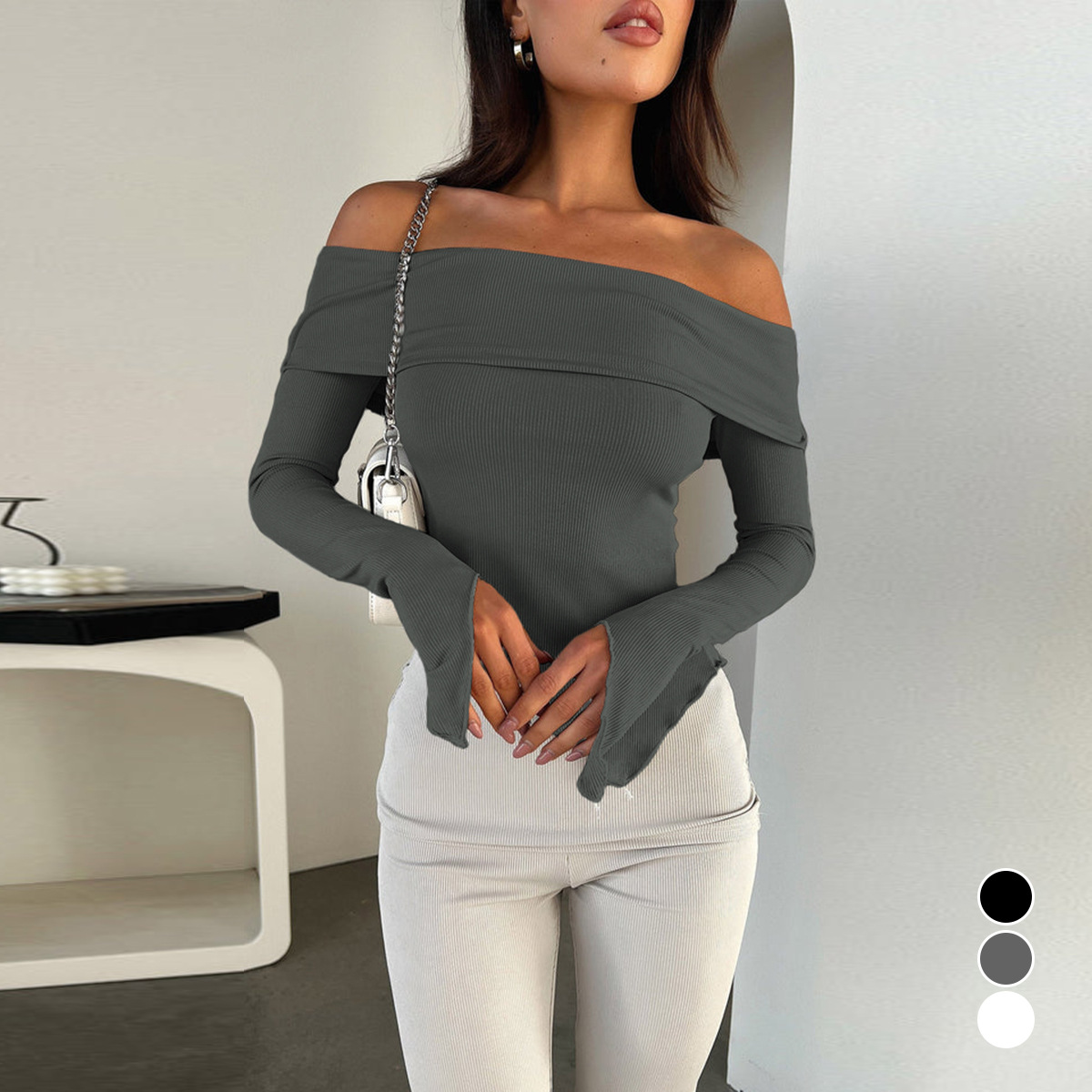 European and American Sexy One-Line Collar Off-Shoulder Long-Sleeved Top 2024 Spring Best-Selling Women's T-Shirt Bottoming Top