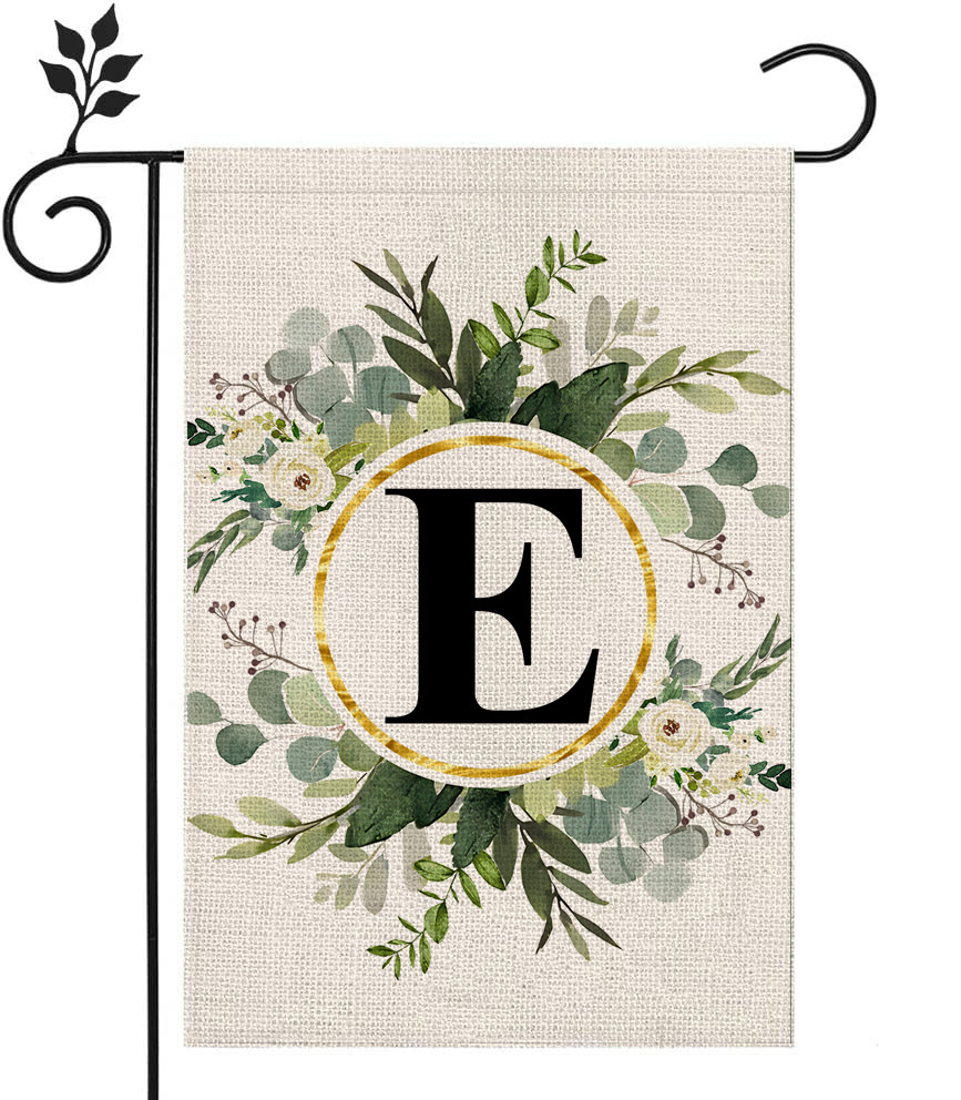 Picture of Simple ins style 26 letters + green plant printed linen garden flag surname initials courtyard door flag