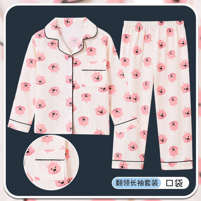 Picture of Children's Pajamas Spring and Autumn Cute Cartoon Boys and Girls Lapel Cardigan Long Sleeve Trousers Children's Home Clothes