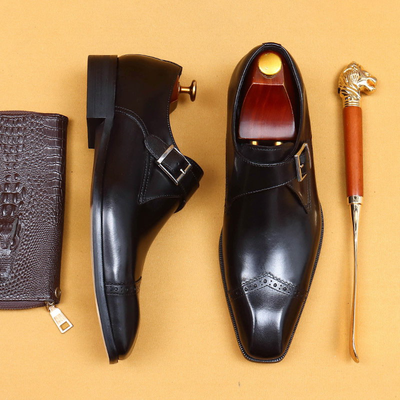 Picture of [vip for] handmade custom monk shoes men's British vintage buckle business formal leather square toe shoes