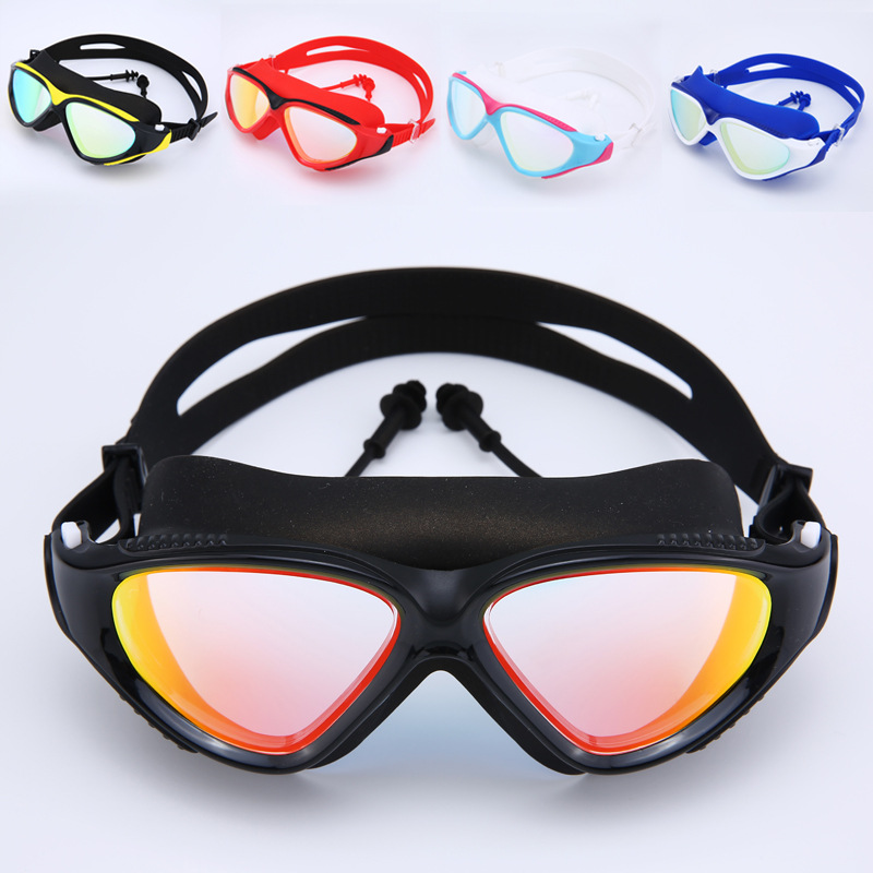 New large frame colorful one-piece earplug swimming goggles men and women HD anti-fog waterproof swimming goggles flat light diving goggles 8809